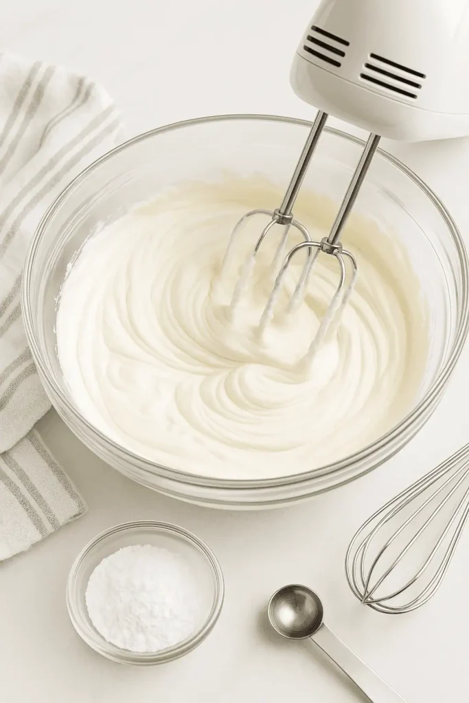 Action-shot-of-whipping-the-cream-mixture-in-a-large-glass-bowl-with-a-hand-mixer-showing-soft-peaks-forming.-Include-a-clean-kitchen-towel-and-utensils-nearby
