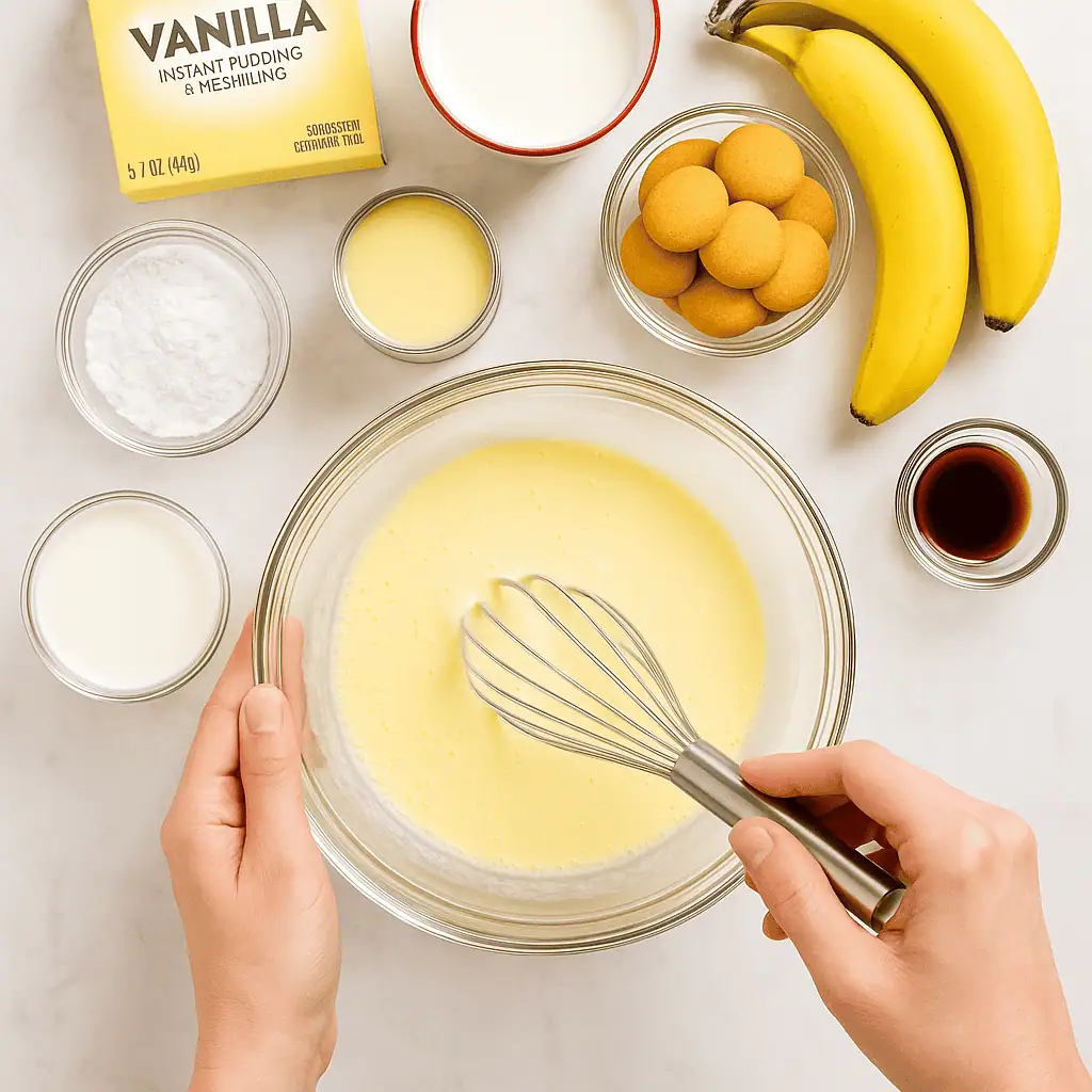 Shot of the pudding mix being whisked in a large clear bowl. Hands visible, showing the action, with ingredients around the bowl. Bright, airy lighting.