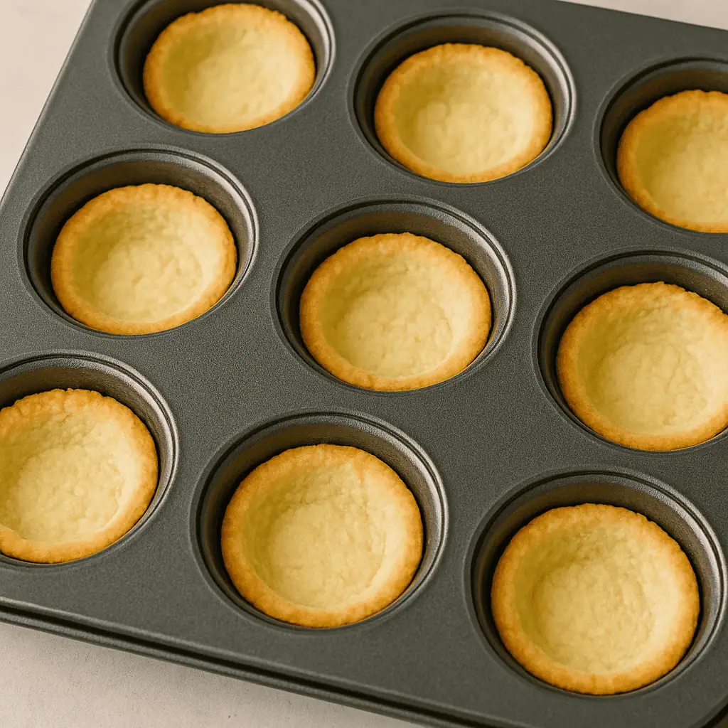 Bake crusts for 10–12 minutes or until just lightly golden. Remove and cool slightly.