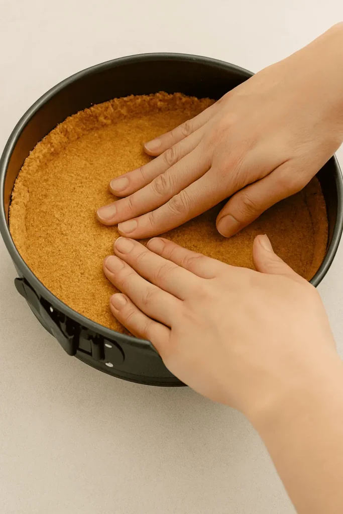 Press the mixture firmly into the bottom of a 9-inch springform pan or evenly into the base of individual dessert cups. Chill in the fridge while preparing the filling.