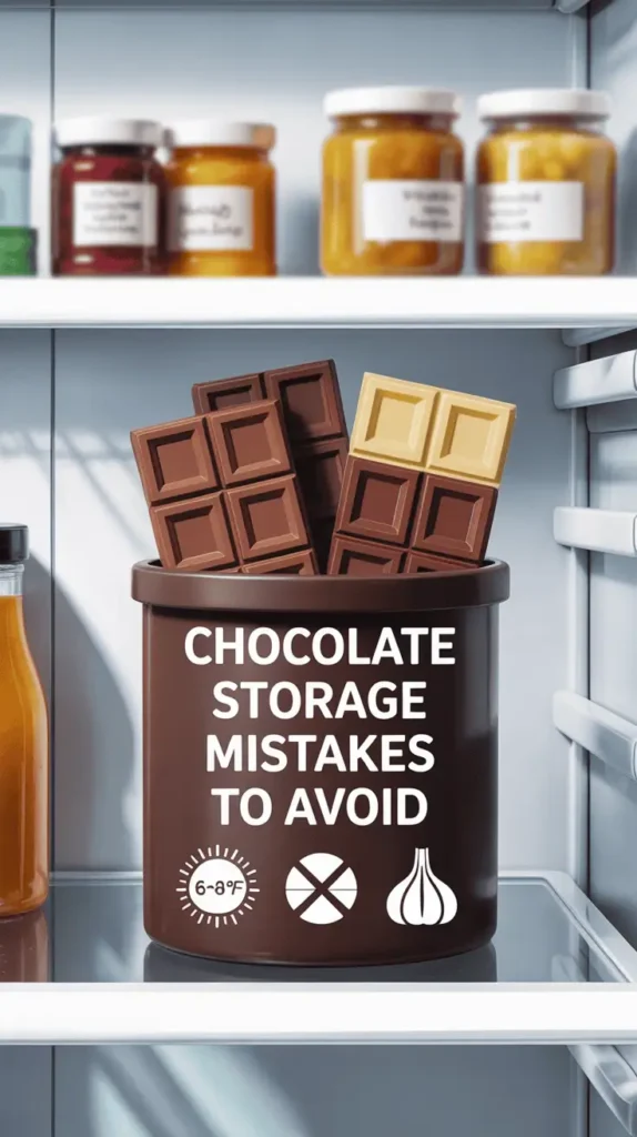 Illustrated fridge shelf showing chocolate stored in a dark, cool, airtight container. Icons like thermometer (65-68°F), sunlight crossed out, garlic with “X” sign. Minimalist style. Text overlay: “Chocolate Storage Mistakes to Avoid.” --v 5 --ar 4:5 --style 4k