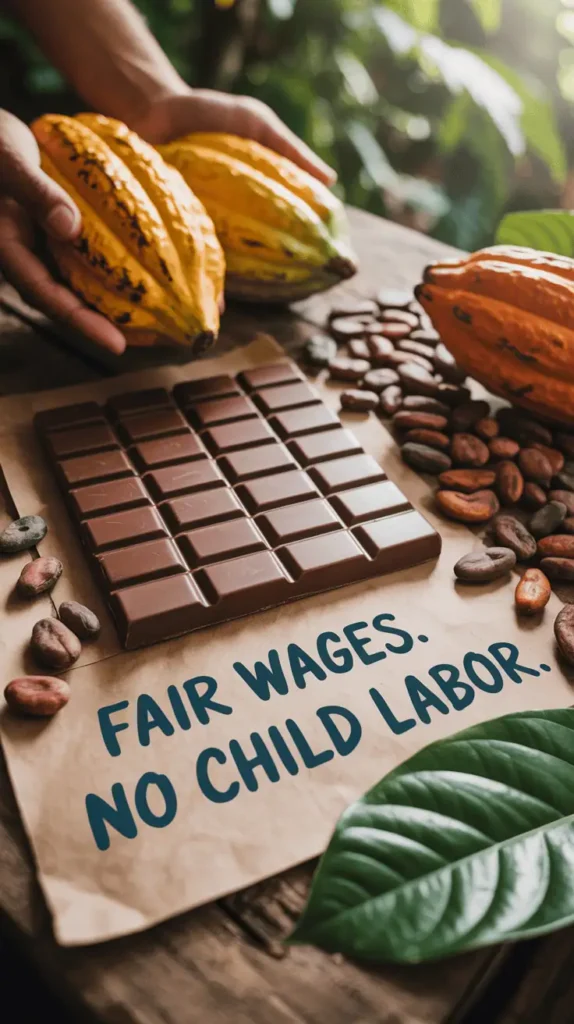 Fair trade chocolate bars on kraft paper with eco labels, cocoa beans, and a sign that says “Fair Wages. No Child Labor.” Include rainforest leaves, hands of a farmer holding cacao pods. Earthy tones and hopeful vibe. --v 5 --ar 4:5 --style 4k