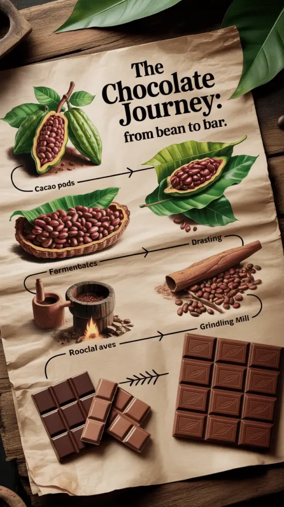 Timeline-style image showing cacao pods, fermentation in banana leaves, drying, roasting, grinding, and finished chocolate bars. Wooden textures, natural colors, minimal labels. Educational and earthy. Text overlay: “The Chocolate Journey: From Bean to Bar.” --v 5 --ar 4:5 --style 4k