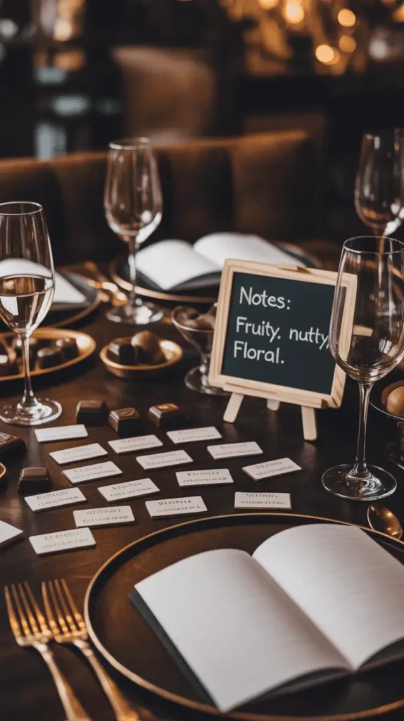 Elegant table setup with fine chocolate pieces on tasting cards, wine glasses, and notepads. Moody lighting, rich brown and gold tones. Add a small chalkboard that says “Notes: Fruity, Nutty, Floral.” Cozy and sophisticated. --v 5 --ar 4:5 --style 4k