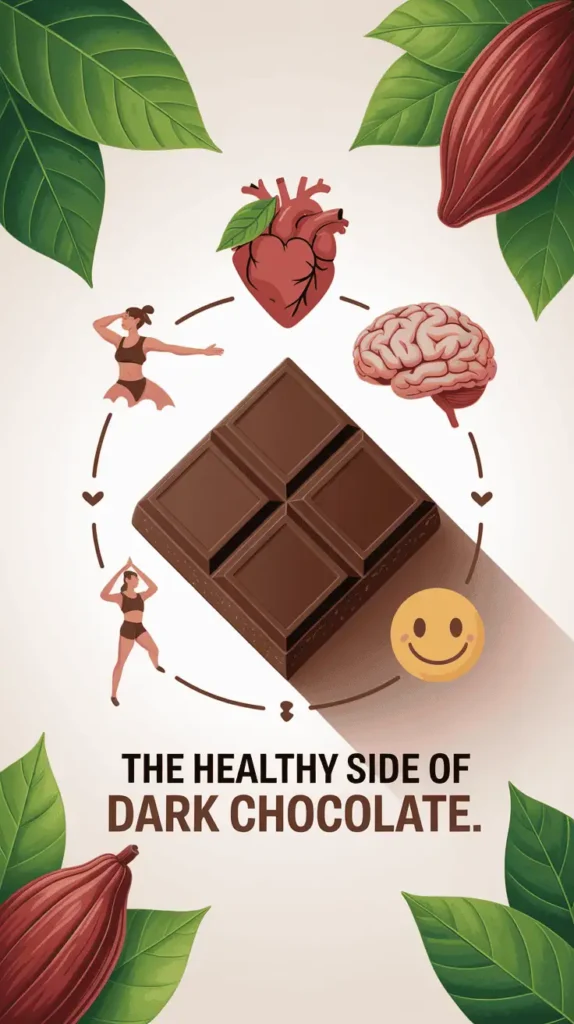 Infographic-style layout with icons for heart, brain, and mood. Each icon connected to a chunk of dark chocolate. Fresh elements like green leaves, cacao pods, and fitness illustrations. Clean, modern design with clear labels. Text overlay: “The Healthy Side of Dark Chocolate.” --v 5 --ar 4:5 --style 4k