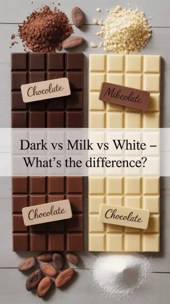Flat lay with three labeled sections: dark chocolate (deep brown, high cacao), milk chocolate (creamy brown), and white chocolate (pale ivory). Surrounded by ingredients like cocoa beans, milk, and sugar. Minimalist design, educational tone. Text overlay: “Dark vs Milk vs White – What’s the Difference?” --v 5 --ar 4:5 --style 4k