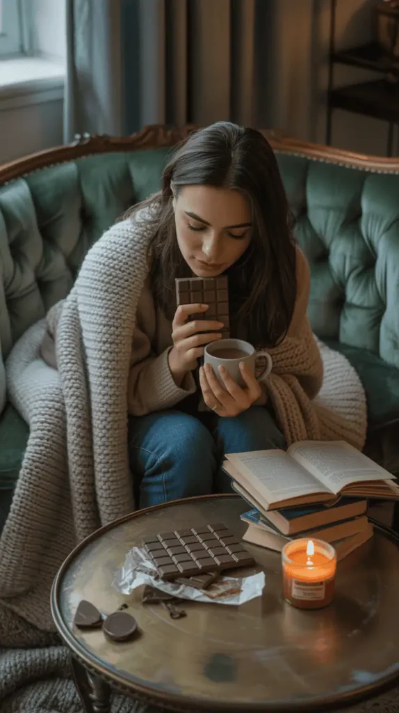 A cozy lifestyle scene with a person curled up on a couch with a blanket, holding a bar of chocolate and a warm drink. Dim ambient lighting, moody tones, emotional and comforting vibe. On the coffee table: chocolate wrappers, books, and a candle. Caption idea: “Chocolate = comfort, science explains why.” --v 5 --ar 4:5 --style 4k
