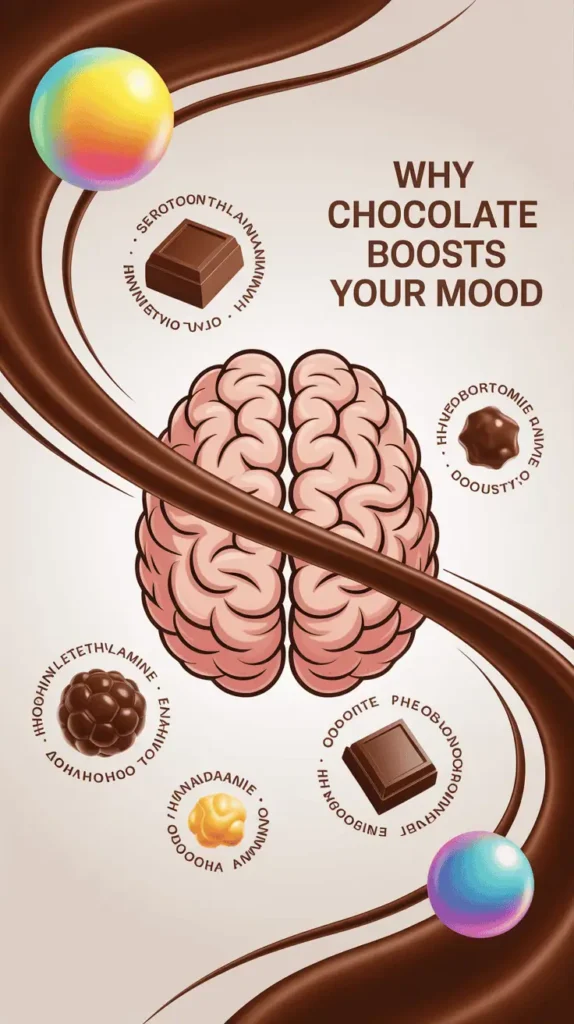 Split-style illustration of a human brain with chocolate compounds like serotonin, phenylethylamine, anandamide, theobromine, and dopamine floating around it. Modern infographic design with soft pastel highlights. Text overlay: “Why Chocolate Boosts Your Mood.” --v 5 --ar 4:5 --style 4k