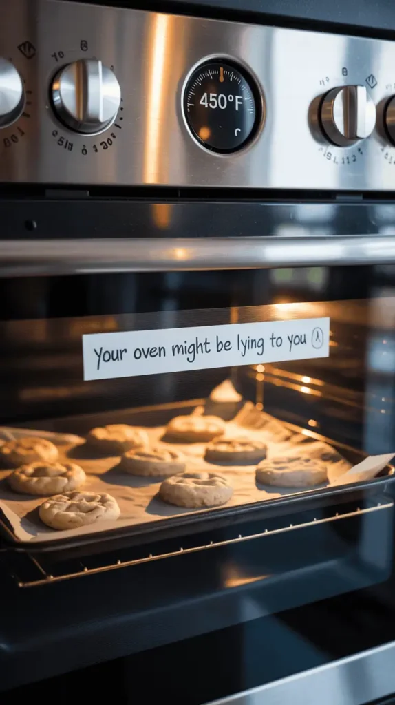An oven thermometer showing inaccurate temp (e.g., 410Β°F when the dial says 350Β°F). Show cookies baking unevenly inside: some puffed, some flat. Add baking tray and parchment paper. Background includes oven knobs, light reflections from oven door.