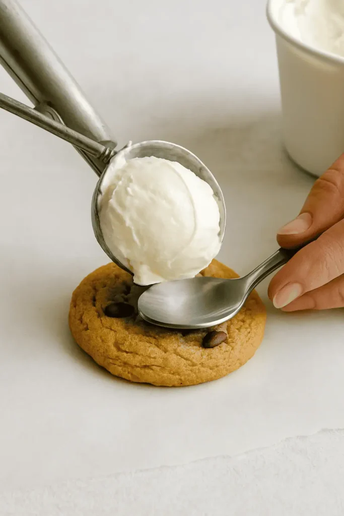 Assemble: Match cookies by size. Scoop about 1/3 cup softened ice cream onto one, sandwich with another.