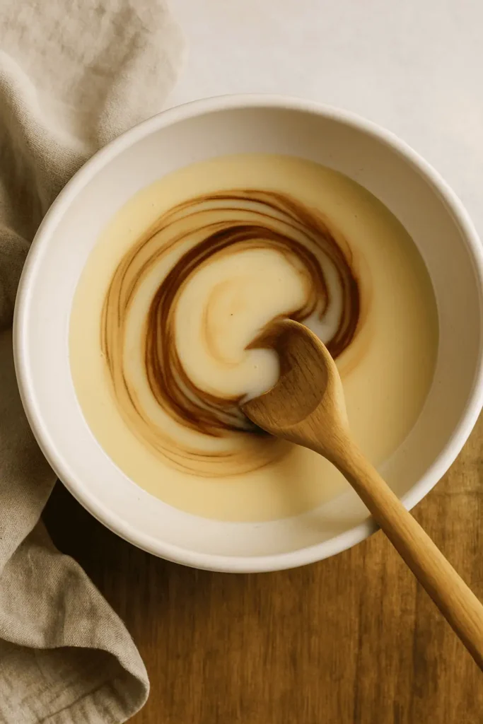 In a separate bowl, stir together the sweetened condensed milk, vanilla, and salt.
