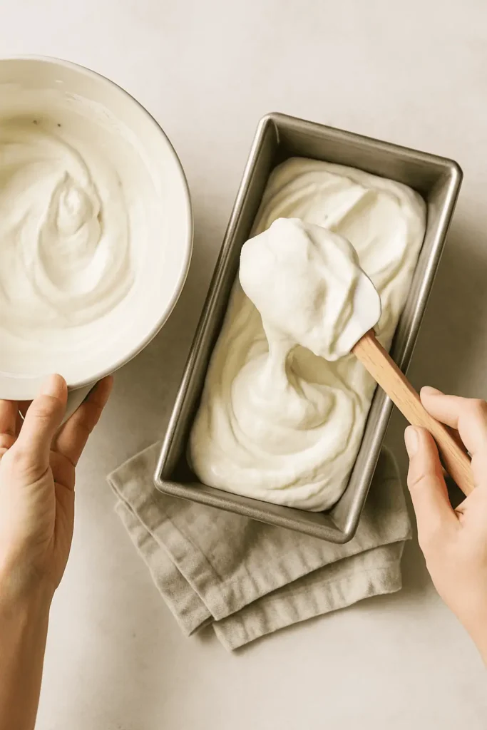 Pour the mixture into a loaf pan or freezer-safe container. Smooth the top.
