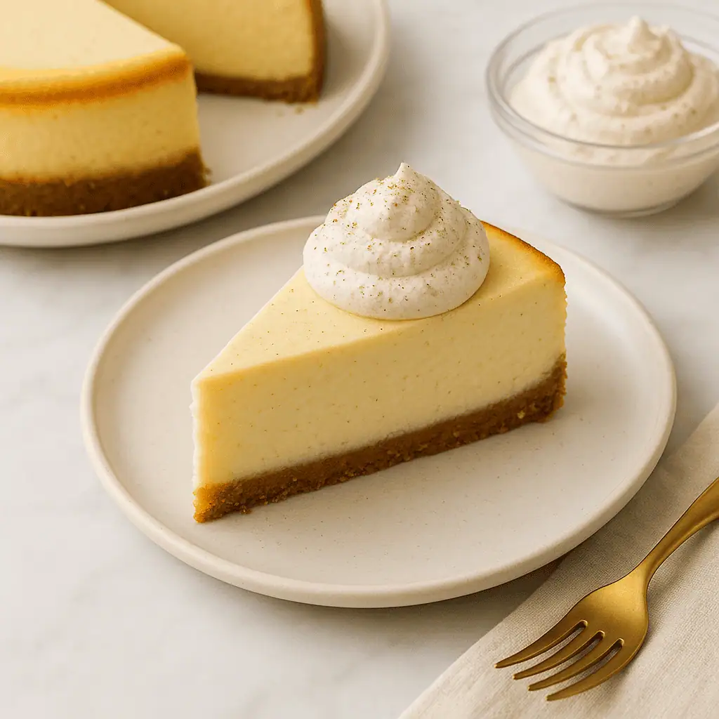 Whip & serve.
Beat cream, sugar, and cinnamon to soft peaks. Slice cheesecake and serve with dollops of spiced whipped cream.
