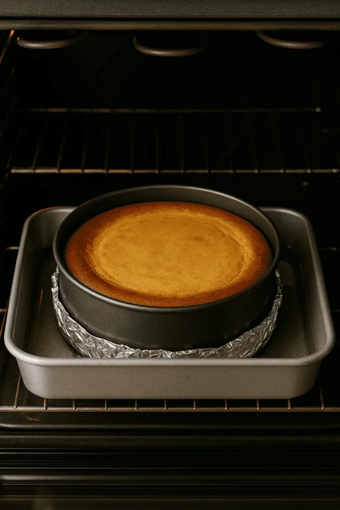 6️⃣ Bake 55–65 minutes, until edges are set but center still jiggles slightly. Turn off oven and let cheesecake cool inside for 1 hour.
