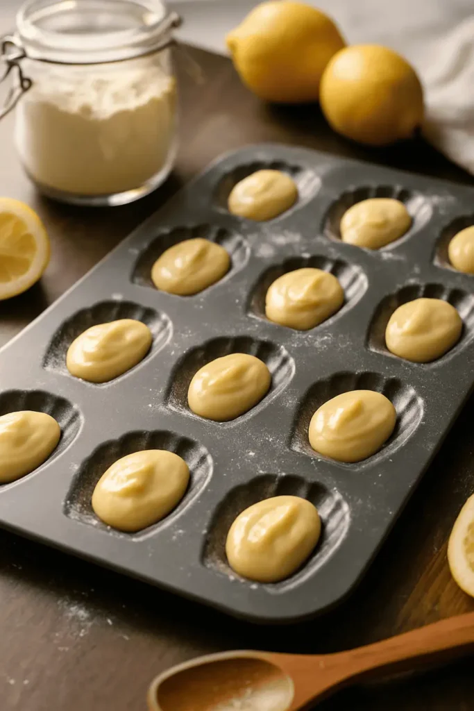 6️⃣ Spoon about a tablespoon of batter into each mold — don’t spread it, it’ll even out as it bakes.