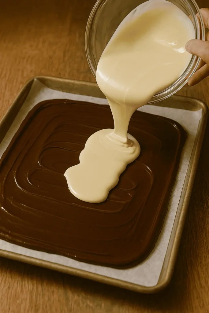 4๏ธโฃ Melt white chocolate the same way. Pour over chilled dark chocolate layer and gently spread.