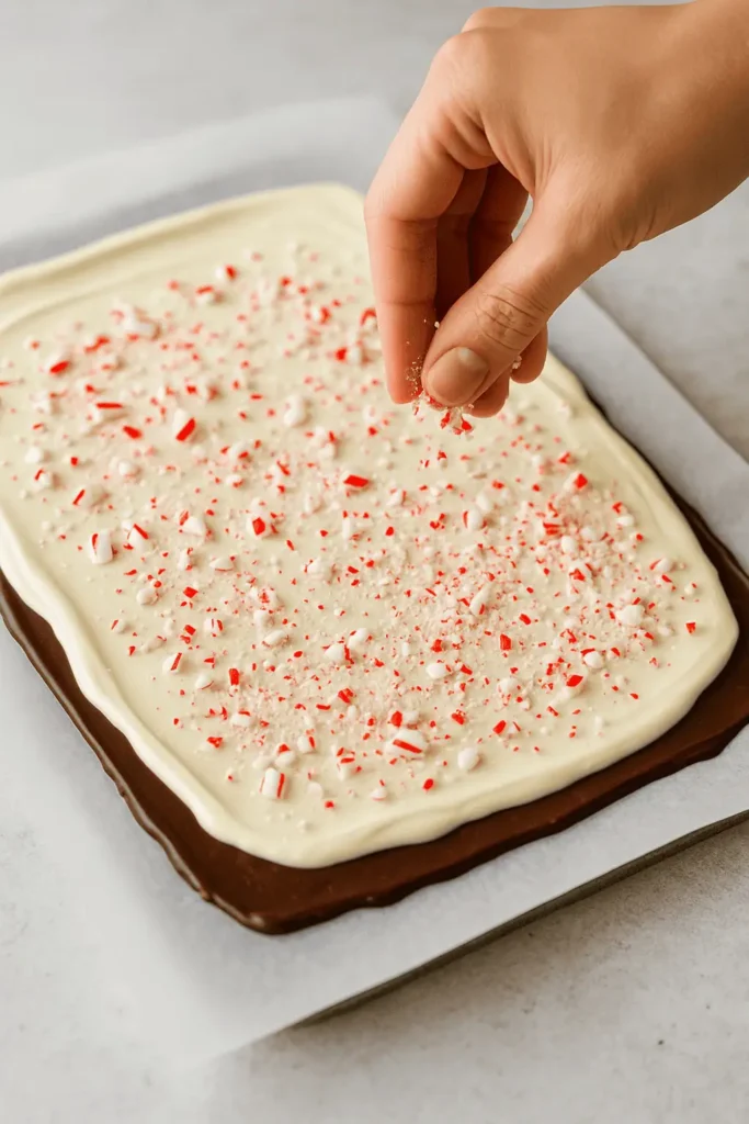5๏ธโฃ Immediately sprinkle crushed candy canes over the top while white chocolate is still wet.