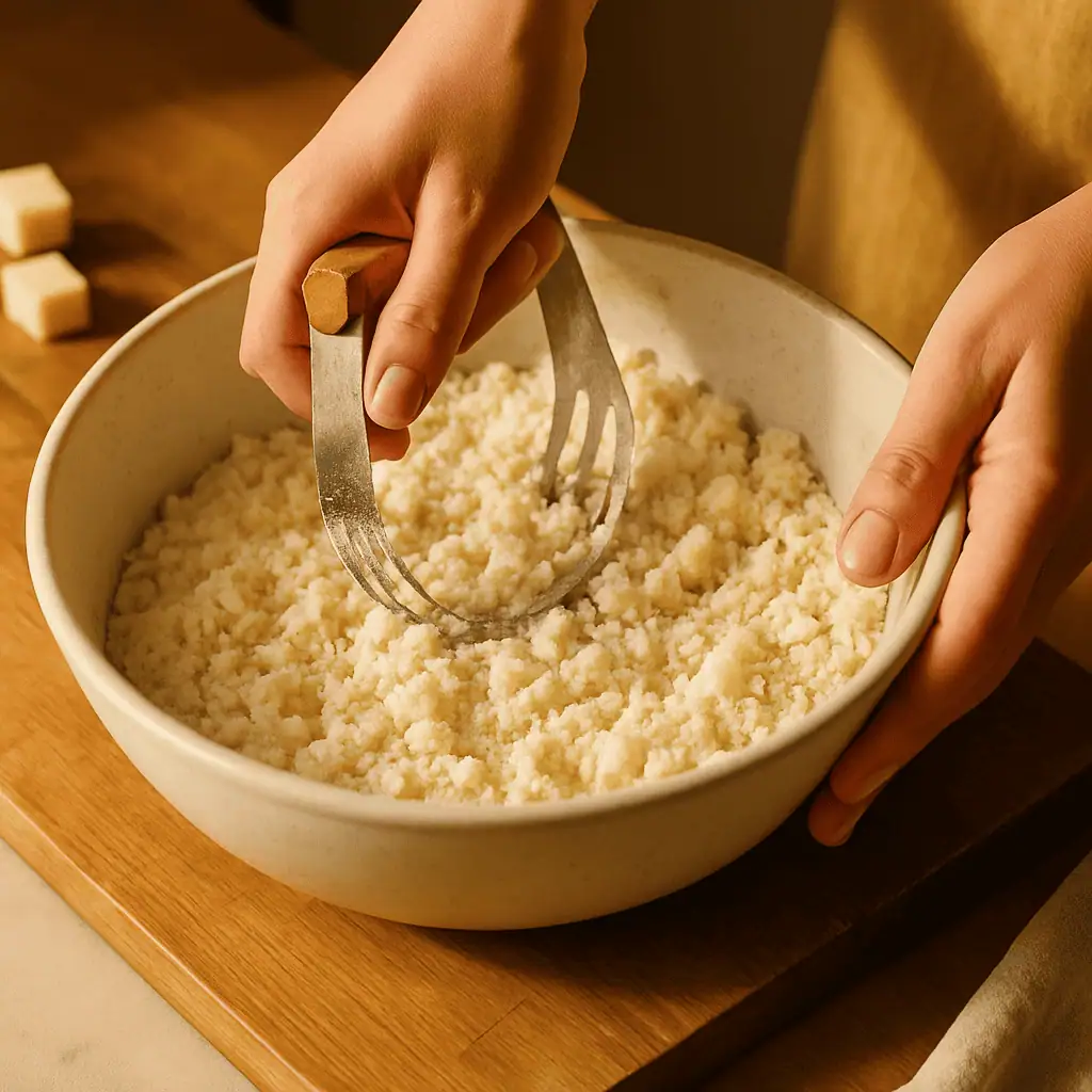 2๏ธโฃ Make the crust: In a large bowl, whisk flour, salt, and sugar. Cut in butter with a pastry cutter or your fingers until coarse crumbs form. Stir in ice water, 1 tbsp at a time, just until dough comes together. Shape into a disk, wrap, and chill for 30 minutes.