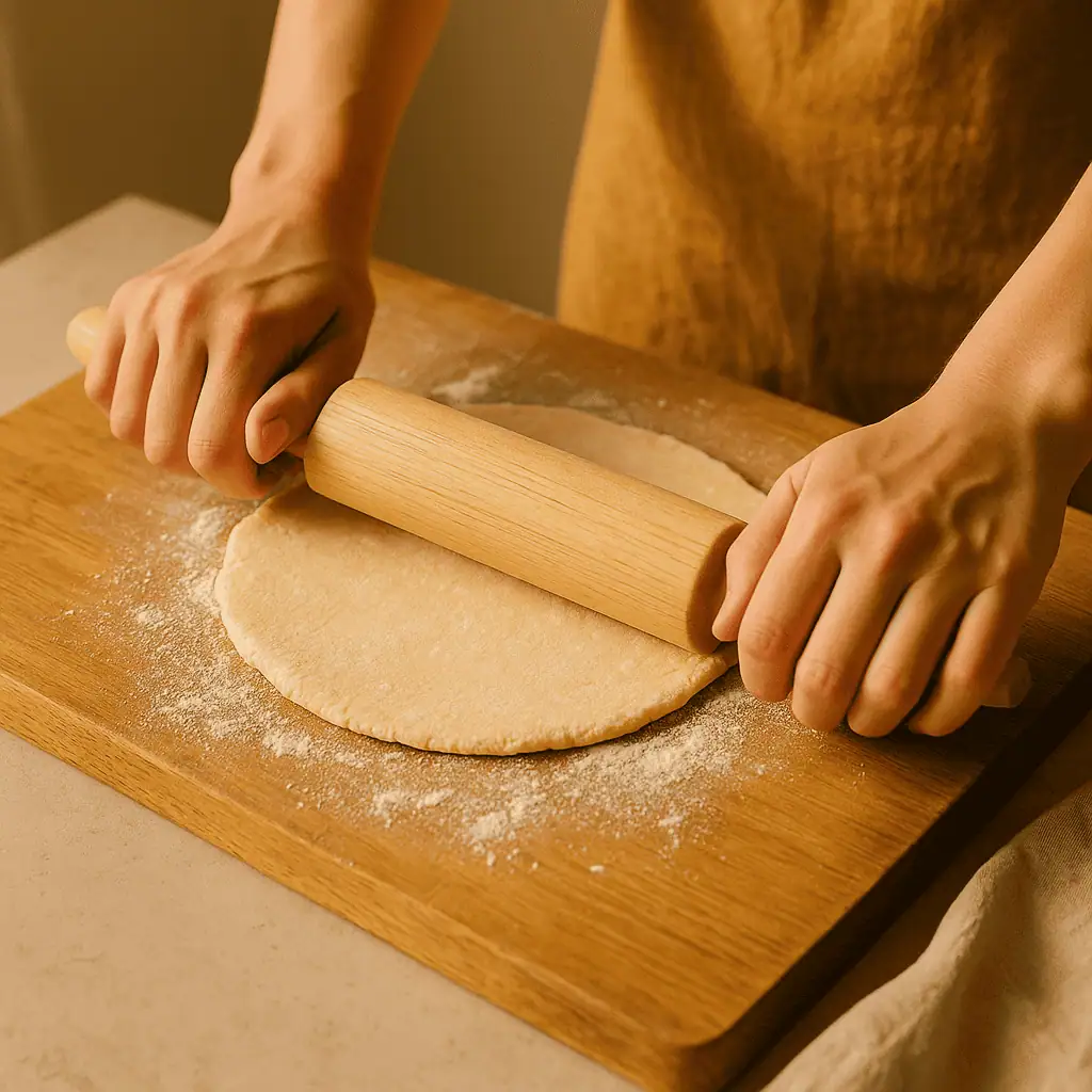 3๏ธโฃ Roll out chilled dough on a floured surface and fit into a 9-inch pie dish. Trim & crimp edges.