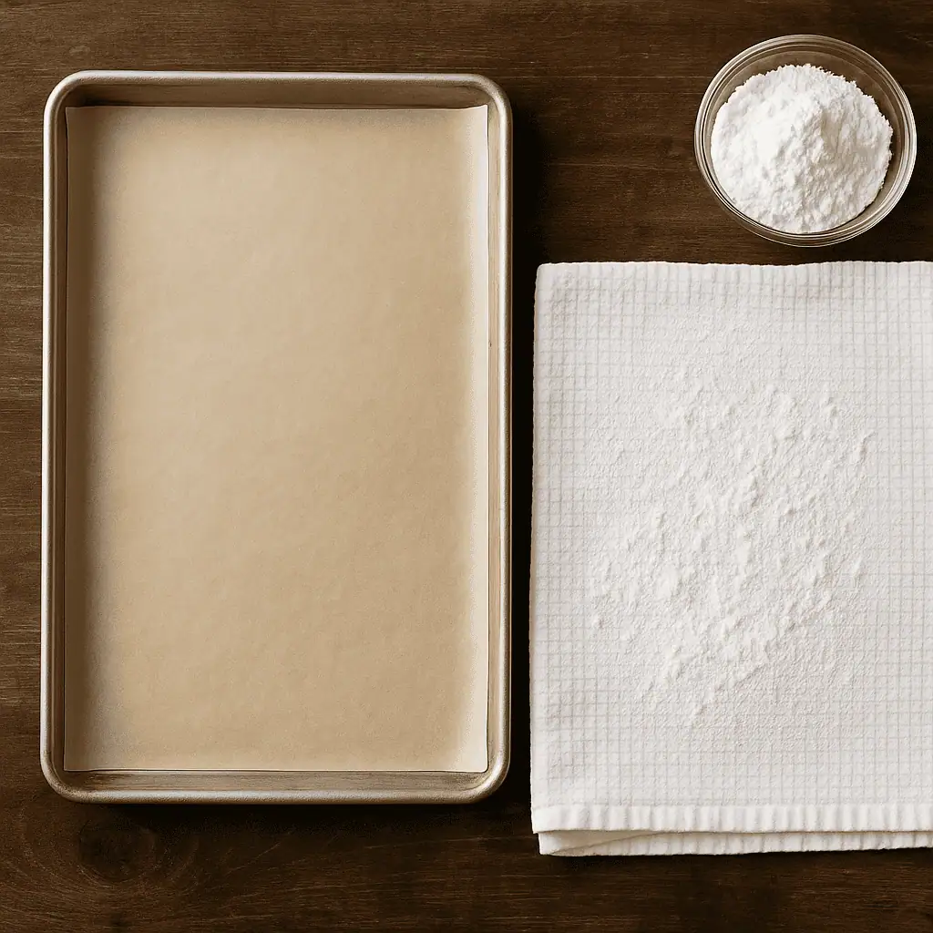 Preheat to 350Β°F. Line a 10x15-inch jelly roll pan with parchment paper and lightly grease it. Lay out a clean kitchen towel and dust it generously with powdered sugar.