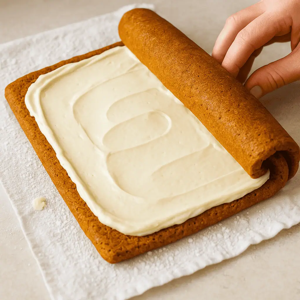 Assemble:
Carefully unroll the cooled cake. Spread filling evenly over the surface. Roll it back up (without towel). Wrap in plastic wrap and chill at least 1 hour.
