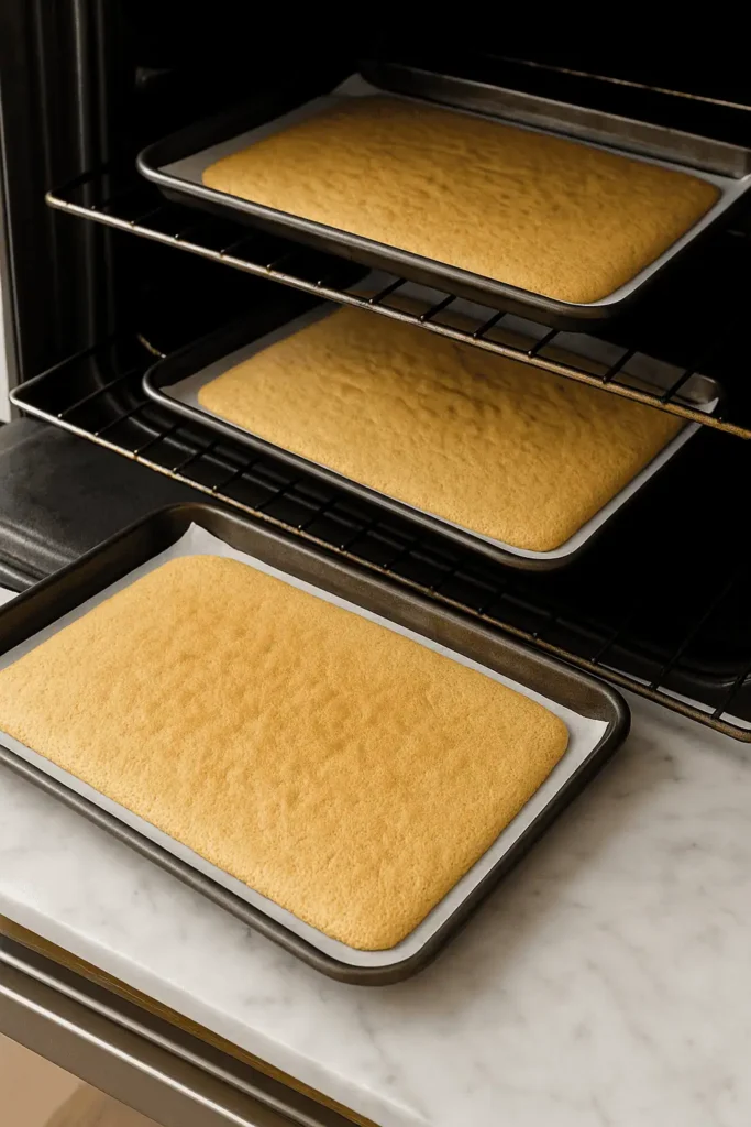 Preheat oven to 425°F (220°C). Line 3 jelly roll pans (or bake in batches) with parchment. Whip eggs, almond flour, and powdered sugar until thick and pale. In another bowl, whip egg whites and granulated sugar to soft peaks. Gently fold into almond mixture. Fold in melted butter. Spread evenly and bake 6–8 minutes per sheet. Cool.