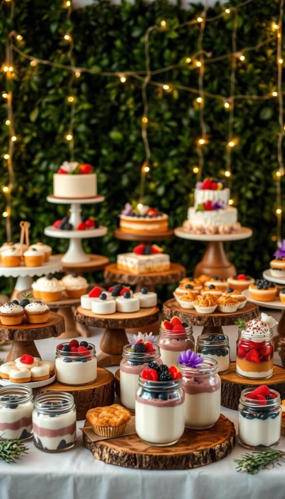 A beautifully styled dessert table, adorned with an array of tempting treats. In the foreground, an assortment of homemade-style cakes, pies, and pastries arranged on rustic wooden stands and platters. The middle ground features jars filled with decadent puddings, mousses, and custards, accented by fresh berries and edible flowers. In the background, a backdrop of lush greenery and string lights creates a warm, inviting ambiance. The lighting is soft and gentle, casting a golden glow over the delectable display. The overall composition is visually striking, enticing the viewer to indulge in the delightful spread.