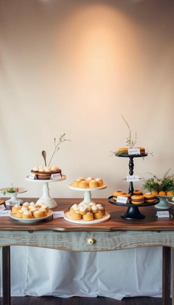 A beautifully styled dessert table set against a soft, neutral background. In the foreground, an assortment of homemade-looking treats arranged on a rustic wooden table, each adorned with custom labels in a handwritten font. Vintage-inspired stands and tiered platters showcase the delectable confections, while delicate florals and greenery add a touch of natural elegance. Warm, diffused lighting casts a subtle glow, creating an inviting, cozy atmosphere. The scene exudes a sense of effortless sophistication, suggesting a welcoming, homemade aesthetic perfect for an intimate gathering or special occasion.