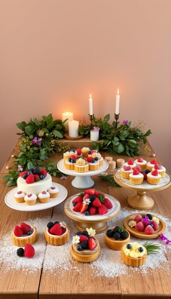 A beautifully styled dessert table set against a warm, inviting backdrop. In the foreground, an artful arrangement of assorted pastries, tarts, and cakes adorned with fresh berries, edible flowers, and a dusting of powdered sugar. The middle ground features a rustic wooden surface, complemented by lush greenery and scattered candles, casting a soft, romantic glow. In the background, a neutral-toned wall provides a clean, minimalist canvas, allowing the delectable offerings to take center stage. The overall composition evokes a sense of homemade elegance, inspiring viewers to elevate their store-bought desserts with simple, yet impactful, finishing touches.