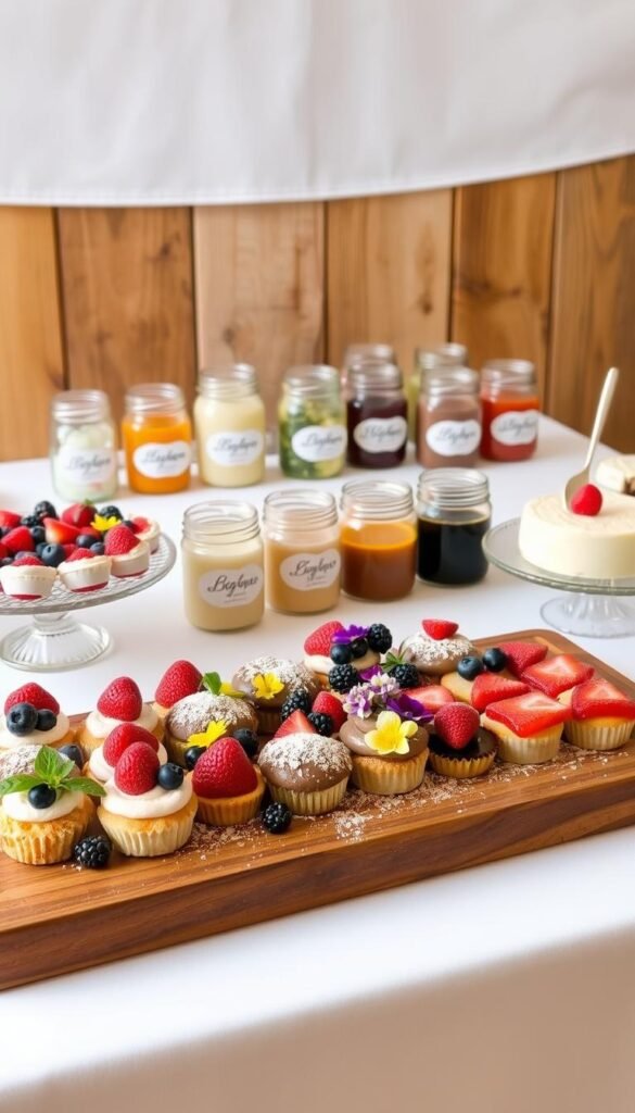 A beautifully styled dessert table with an elegant, homemade touch. In the foreground, an assortment of store-bought pastries and cakes arranged on a wooden serving tray, presented with an eye-catching array of fresh berries, edible flowers, and a light dusting of powdered sugar. In the middle ground, an assortment of mason jars filled with homemade toppings and sauces, their handwritten labels adding a personal, artisanal flair. In the background, a simple white tablecloth and a backdrop of rustic wood panels, creating a warm, inviting atmosphere. Soft, natural lighting casts a gentle glow, evoking a sense of comfort and homeliness. The overall scene conveys a harmonious balance of store-bought elements and homemade touches, inspiring the viewer to transform their own store-bought desserts into something truly special.