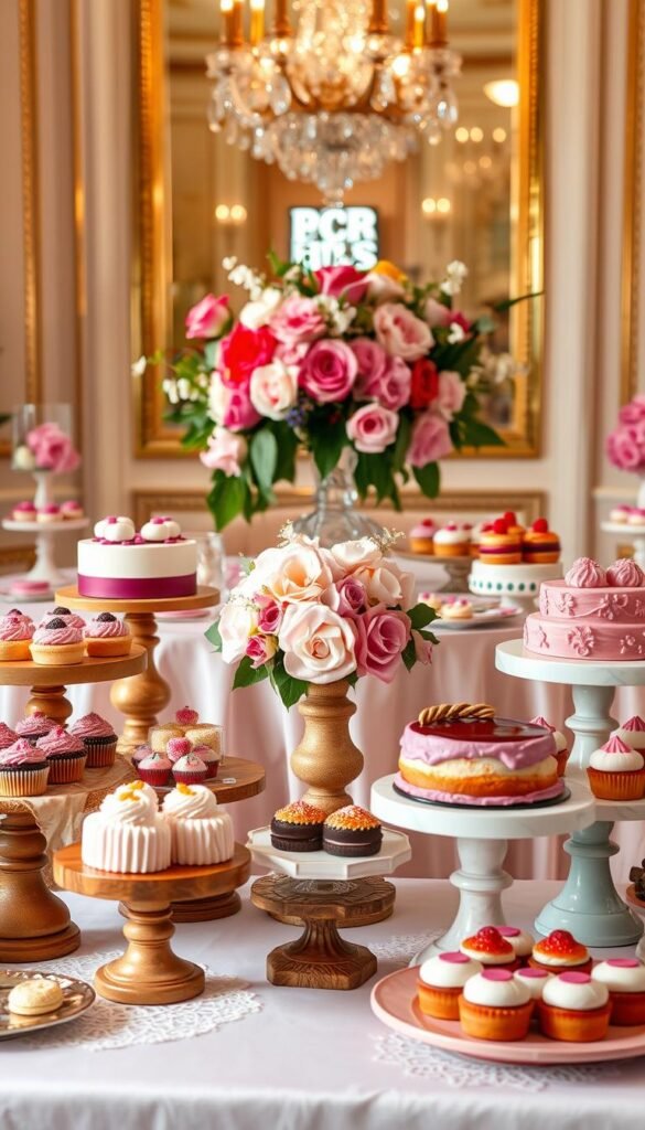 A vibrant, elegantly styled dessert table with a cohesive color palette. In the foreground, an array of decadent pastries, cakes, and confections arranged artfully on wooden and marble pedestals, their frosting and fillings in complementary hues. The middle ground features an elegant floral centerpiece in shades that echo the desserts, framed by delicate lace and satin tablecloths. The background suggests a warm, softly-lit interior, with hints of golden accents and polished metallic surfaces that create a sophisticated, inviting ambiance. Soft natural light filters in, casting a gentle glow over the scene and highlighting the thoughtful color coordination that ties the entire dessert display together.