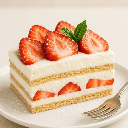 A beautifully plated slice of the icebox cake on a white dessert plate, with a fork beside it. The cake slice shows clear layers of graham crackers, cream, and strawberries, garnished with a fresh mint sprig and dusting of powdered sugar.