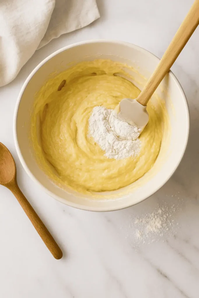 3️⃣ Gently fold in the dry ingredients until just combined. Stir in melted butter and lemon juice until smooth.
